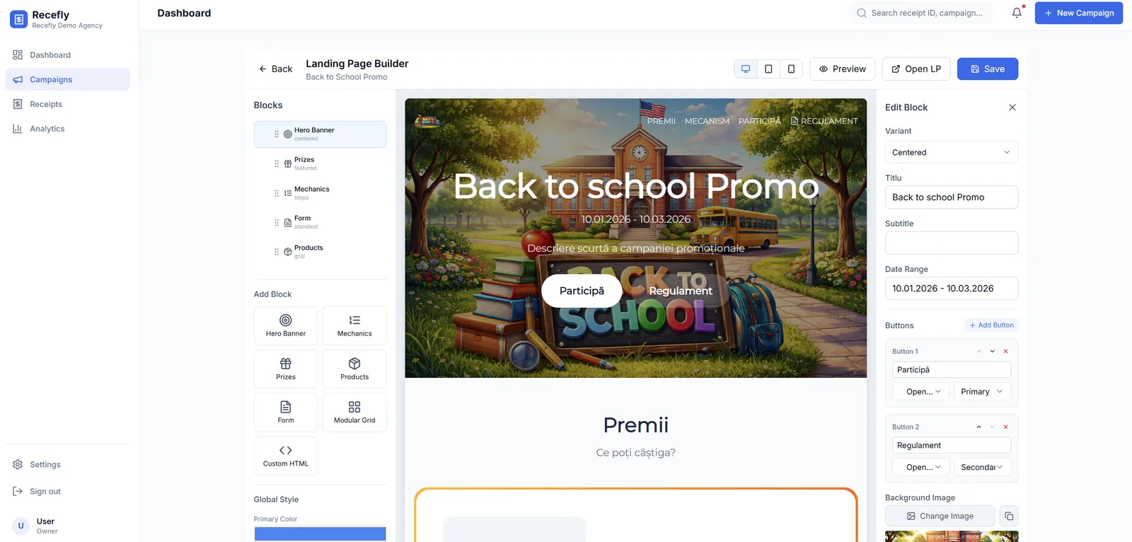 Constructorul de site de promoție din Recefly, cu blocuri de conținut și previzualizare